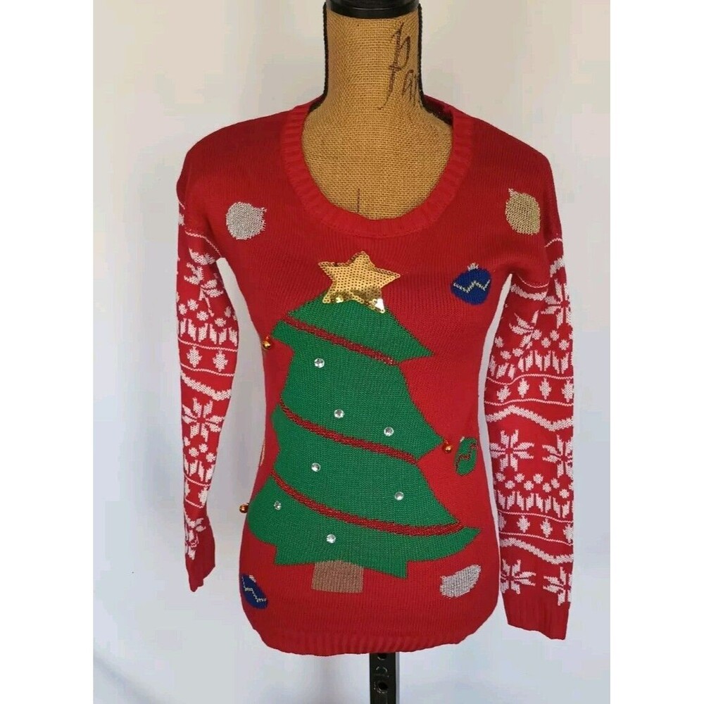 Ugly Christmas Sweater Christmas Holiday Tree Women's Size Small Red Long Sleeve